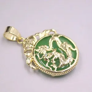 Authentic Simulated Green Jade 18k Yellow Gold-plated Fashion Dragon Pendant 37*23mm