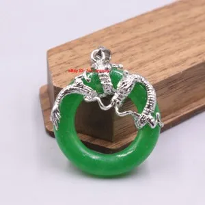 Authentic Arrival Gold Plated Green Jade Circle Pendant Dragon 1.30inch H