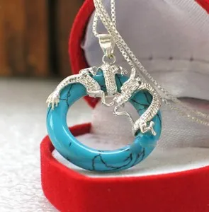 Authentic Fashion 18K Gold Plated Jade Turquoise Dragon Pendant Chain Necklace
