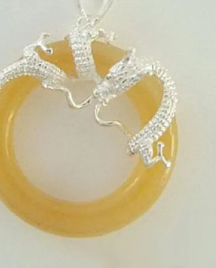 Authentic Dragon's Luck Circle: White Gold Plated Dragon Coil Yellow Jade Donut Pendant