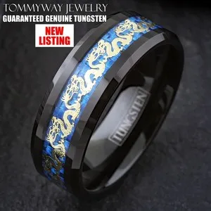 Authentic Black Tungsten Carbide Yellow Gold Plated Chinese Dragon Wedding Band Ring