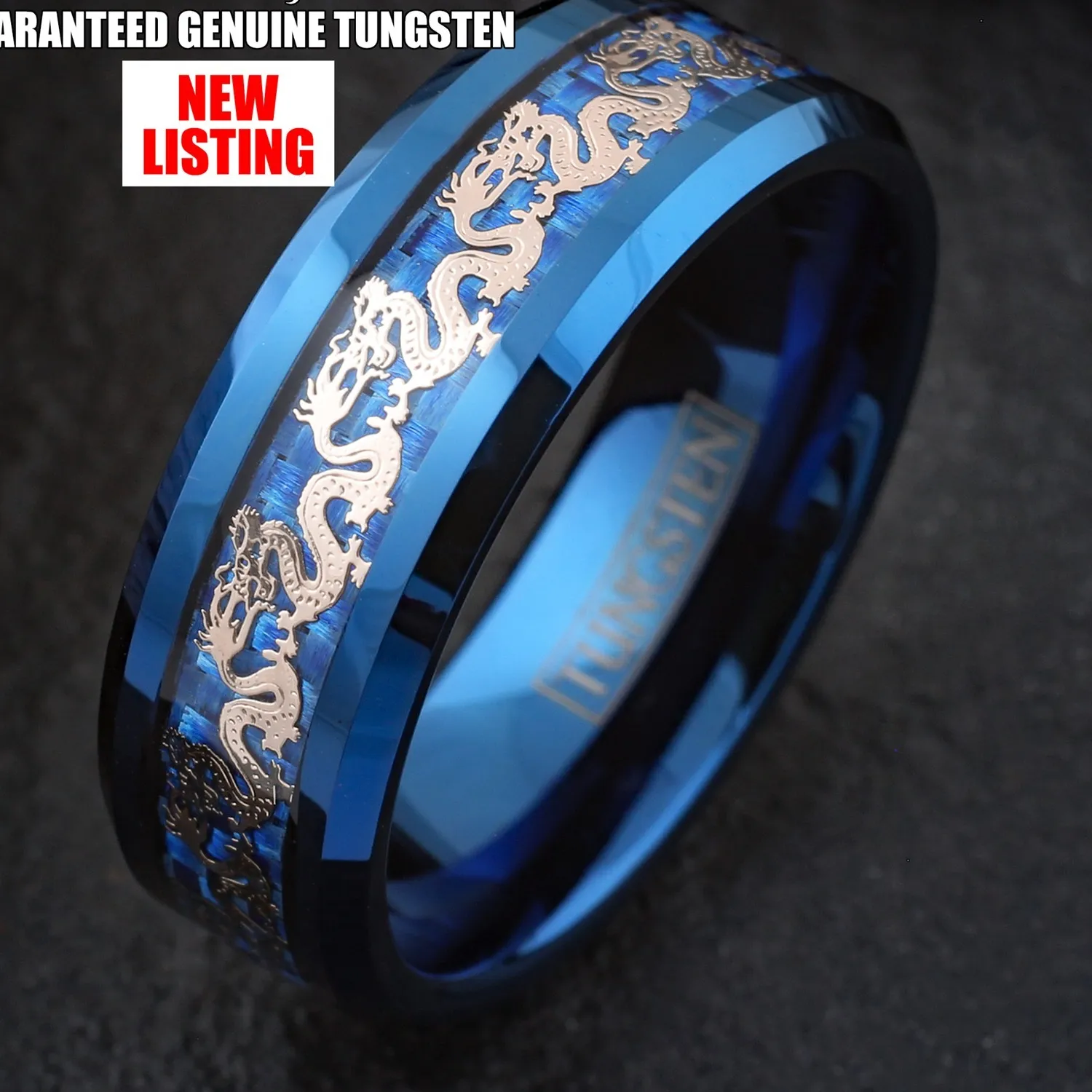 Authentic Celestial Dragon Embrace – Rose‑Gold‑Plated Blue Tungsten Wedding Band