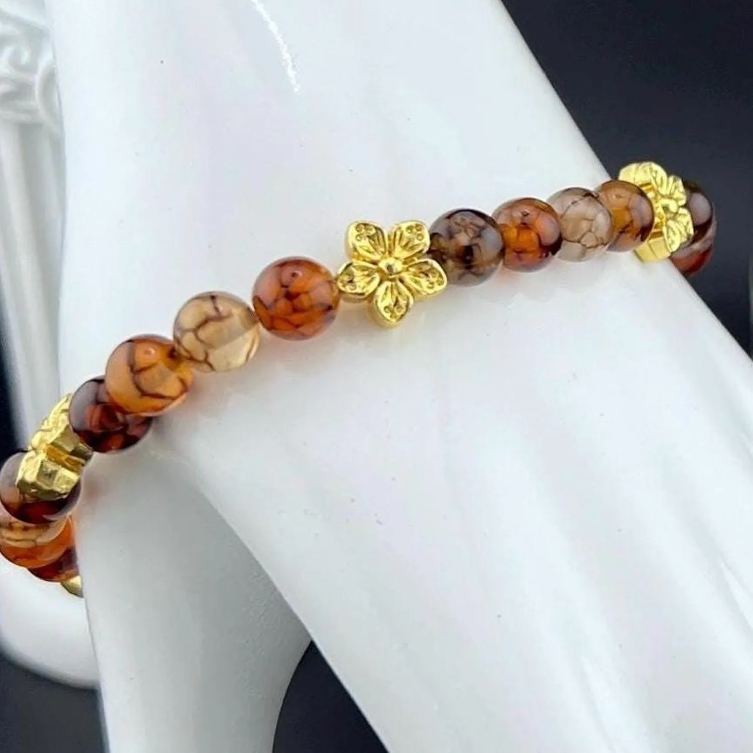 Authentic Dragon's Breath: Grounding Coffee Dragon Vein Agate Stretch Bracelet with 18K Gold-Plated Charms