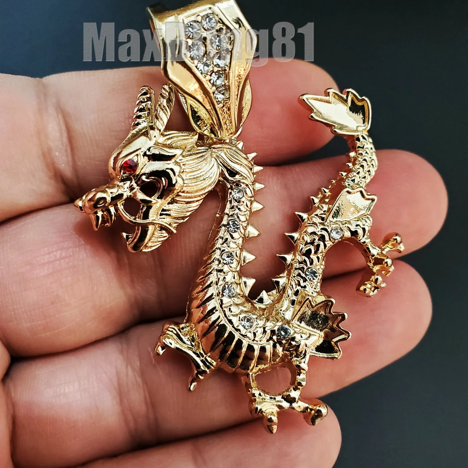 Authentic Gold Plated Dragon Cubic Zirconia Pendant 16" ~ 24" Iced Cuban Chain Necklace