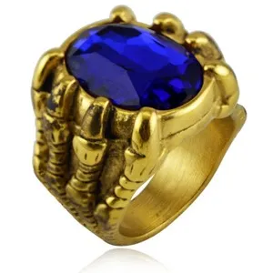 Authentic Retro Dragon Claw Blue Oval CZ Ring Stainless Steel Men's Biker Ring Gold Plated