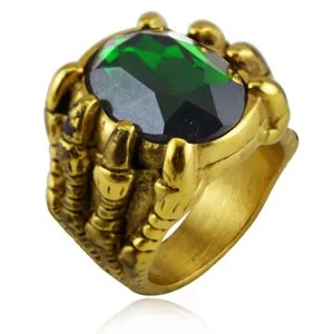 Authentic Retro Dragon Claw Green Oval CZ Ring Stainless Steel Men's Punk Ring Gold Plated