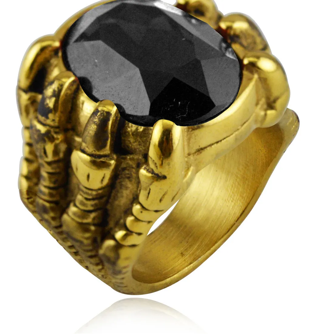 Authentic Retro Dragon Claw Black Oval CZ Ring Stainless Steel Men's Punk Ring Gold Plated