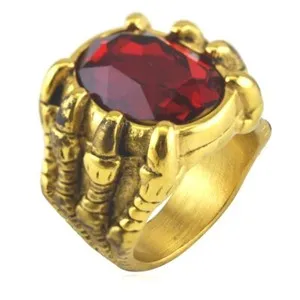 Authentic Retro Dragon Claw Red Oval CZ Ring Stainless Steel Men's Punk Ring Gold Plated