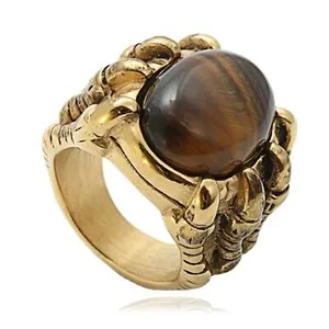 Authentic Retro Dragon Claw Coffee Stone Ring Stainless Steel Men's Punk Ring Gold Plated