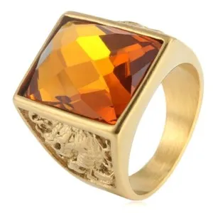 Authentic Gold Plated Men's Orange CZ Wedding Ring Stainless Steel Classic Dragon CZ Ring