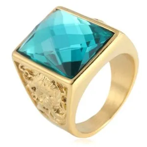 Authentic Gold Plated Men's Cyan CZ Wedding Ring Stainless Steel Classic Dragon CZ Ring