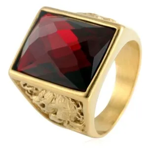 Authentic Gold Plated Men's Red CZ Wedding Ring Stainless Steel Classic Dragon CZ Ring