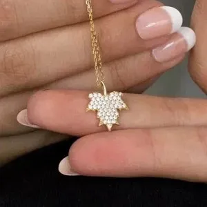 Authentic 14K Yellow Gold Plated 1Ct Round Cut White Moissanite Women's Leaf Pendant