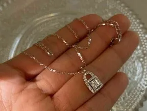 Authentic 1Ct Baguette Cut Simulated Diamond Lock Pendant Necklace 14k White Gold Plated