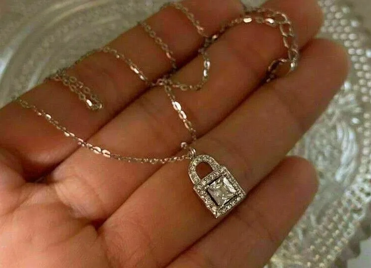 Authentic 1.50Ct Lab Created Diamond Crystal Lock Pendant Necklace 14K White Gold Plated