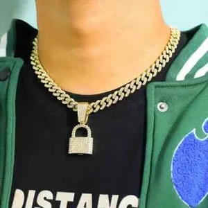 Authentic Hip Hop Iced Gold Plated Lock Pendant & Iced Cubic Zirconia Cuban Chain Necklace