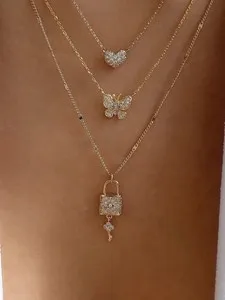 Authentic Gold Plated Butterfly Lock Heart Layered Pendant Chain Necklace Jewellery Uk