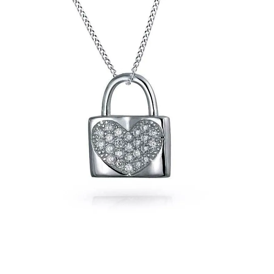 Authentic Pave Heart Lock Pendant Necklace 14K White Gold Plated Sterling
