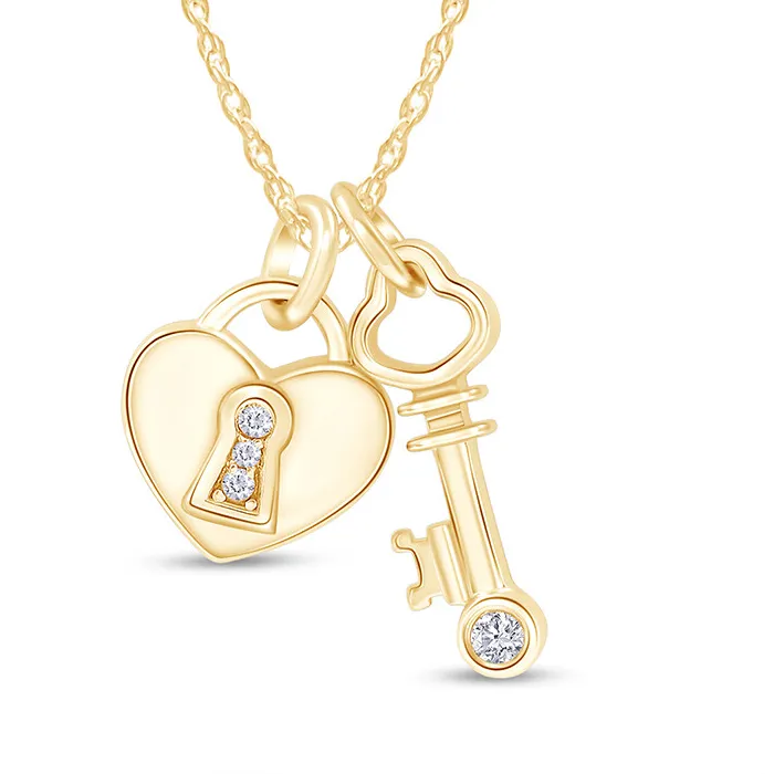 Authentic Lock & Key Pendant 18" Necklace Simulated CZ 14K Gold Plated 925 Sterling Silver
