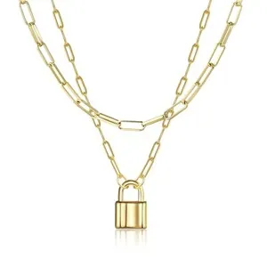 Authentic 14K Gold Plated Layered Lock Pendant Necklace | Set of 2 Paperclip Link Chain Ne