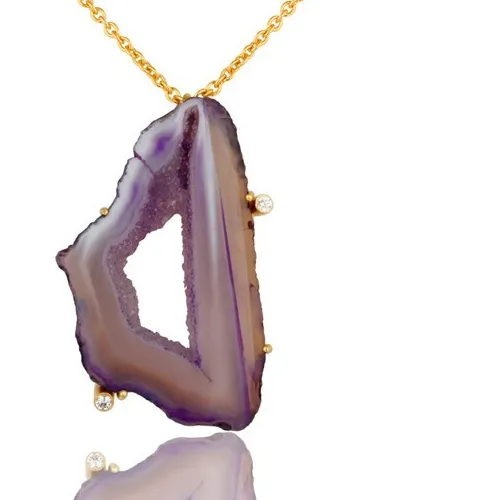Authentic Purple Druzy Agate Yellow Gold Plated Pendant Chain Necklace With Lobster Lock