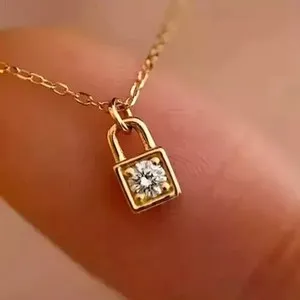 Authentic 1Ct Round Cut Real Moissanite Lock Pendant Necklace 14k Yellow Gold Plated