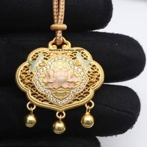 Authentic Pure 999 Fine Silver Gold-Plated Surface Pink Peony Lock Pendant 32mm H Necklace