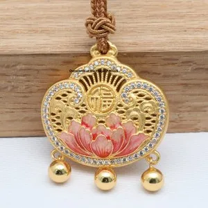 Authentic Pure 999 Fine Silver Gold-Plated Surface Pink Peony Lock Pendant +Cord Necklace