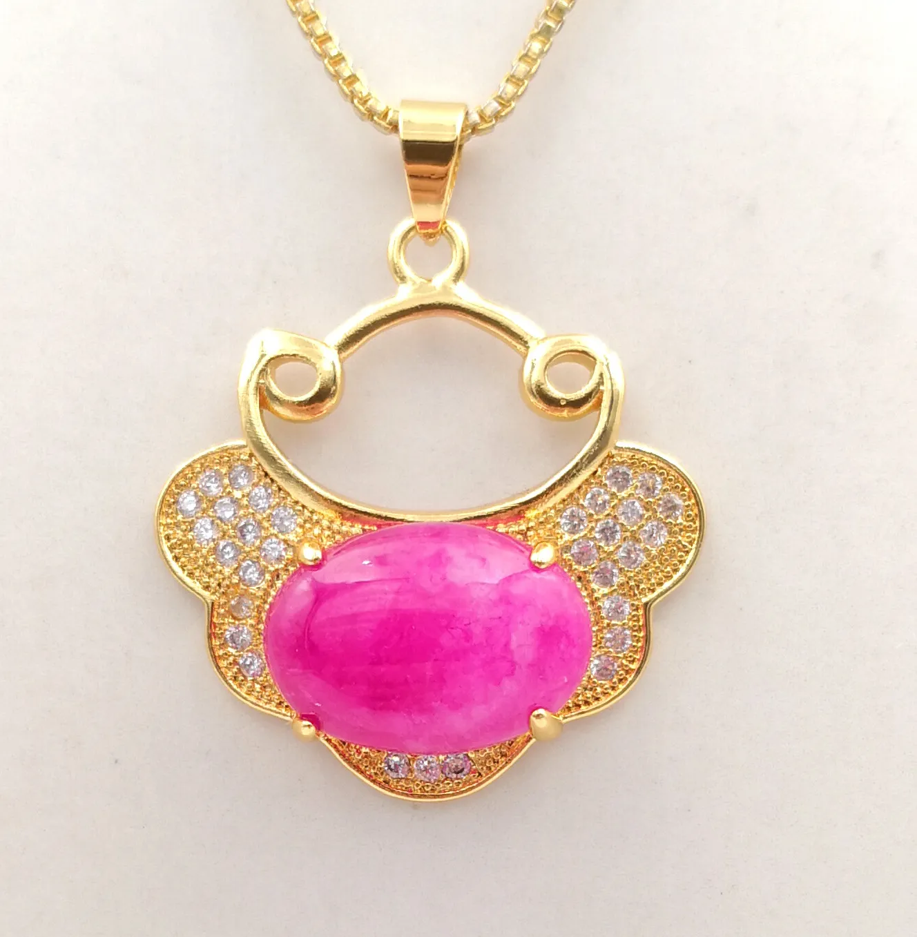 Authentic Pink Purple Rose Red Real Jade 18KGP Butterfly Longevity Lock Pendant Necklace