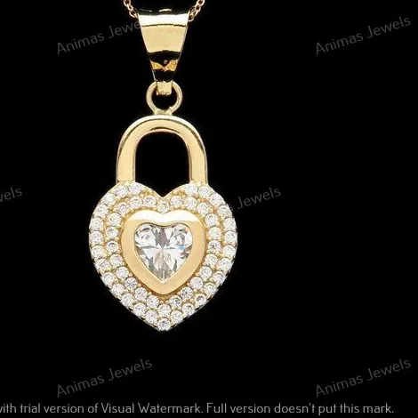 Authentic 1 CT Moissanite Heart Lock Pendant Love Necklace 18"Chain 18K Yellow Gold Plated