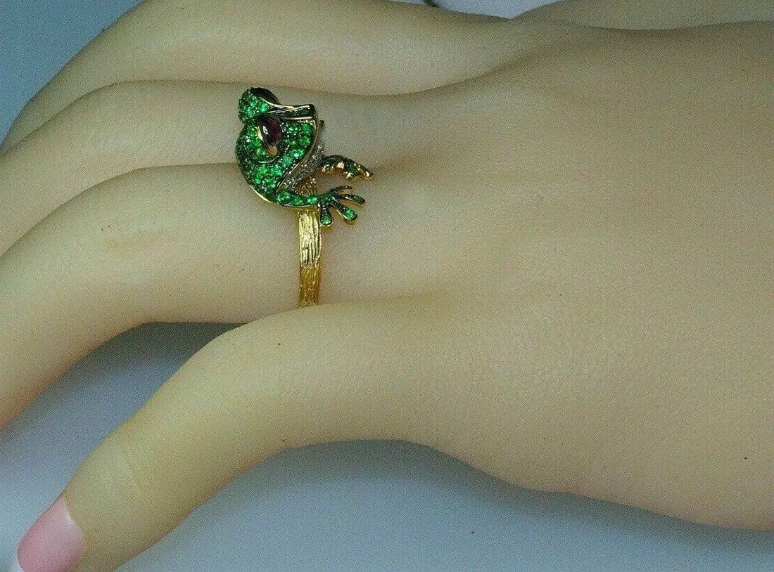 Authentic 2CT Round Cut Lab Created Ruby Emerald Frog Ring 14K Yellow Gold Plated For