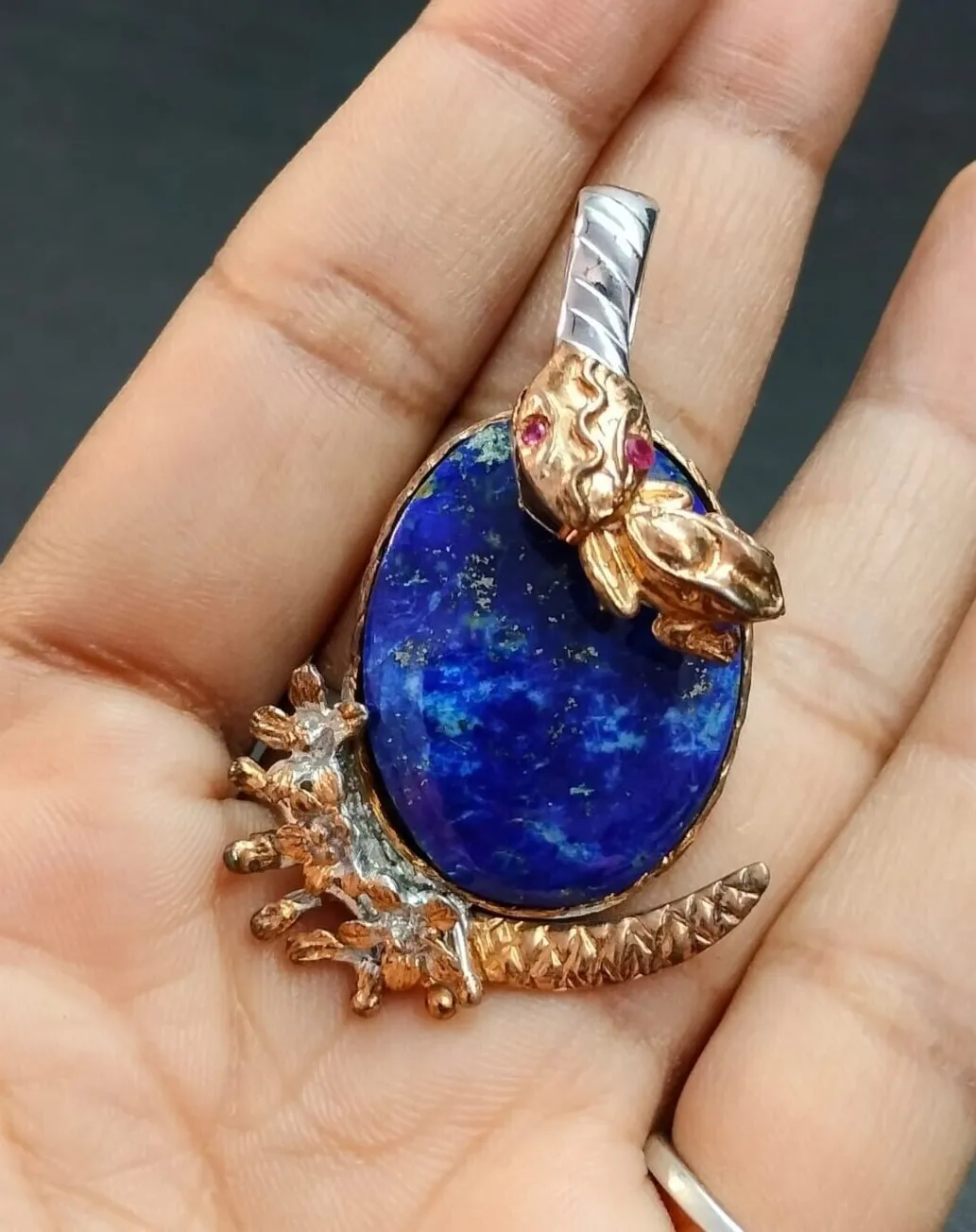 Authentic The Alchemical Union: Rose Gold Serpent and Frog Lapis Talisman