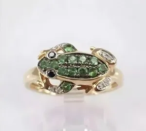 Authentic Lab Created Green Emerald Frog Engagement Ring 1Ct Round 14K Yellow Gold Plated