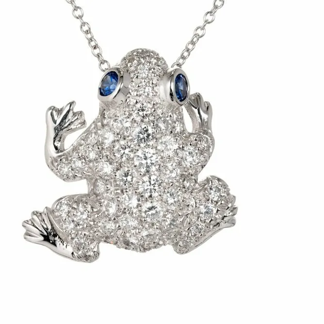 Authentic 2ct Lab-Created Moissanite Pendant Chain Frog Design 14k White Gold Plated