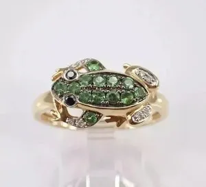 Authentic Lab Created Emerald Green Frog Engagement Ring Round Cut 14K Yellow Gold Plated