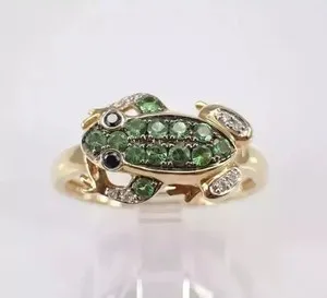 Authentic 1Ct Round Lab Created Green Emerald Frog Engagement Ring 14K Yellow Gold Plated