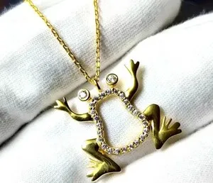Authentic 1.50Ct Round Cut Real Moissanite Women Frog Charm Pendant 14K Yellow Gold Plated