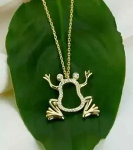 Authentic 1.00Ct Round Real Moissanite Frog Pendant 14K Yellow Gold Plated Free Chain