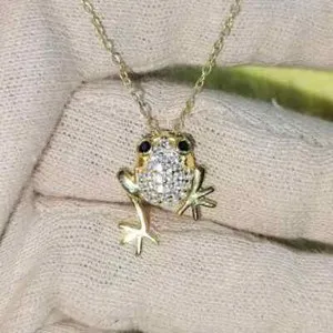 Authentic 1Ct Round Real Moissanite Cluster Frog Pendant 14K Yellow Gold Plated 18" Chain