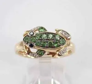Authentic 1 Ct Round Lab-Created Green Emerald Frog Engagement Ring 14K Yellow Gold Plated