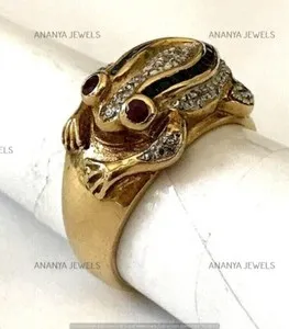 Authentic Estate FROG Ring 2.10 CT Lab-Created Sapphires Ruby Eyes 14k Yellow Gold Plated