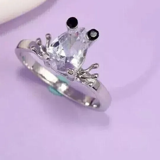 Authentic 2 Ct Pear Cut Simulated Diamond Frog Birthday Women's Ring 14k White Gold Plated