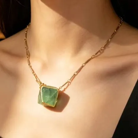 Authentic WT-N1142 Natural Rainbow Flourite Necklace Colorful Dice Shape With Gold Trim For Women Fashion  Jewelry