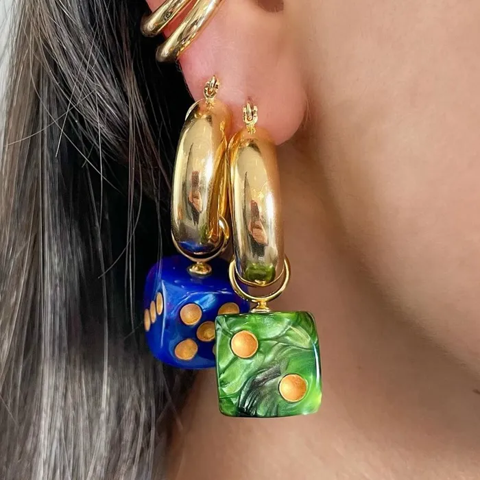 Authentic HANGZHI Color Acrylic Dice Pendant Gold Color Copper Circle Geometric Drop Earrings New Fashion Women Girls Punk Dangle Jewelry