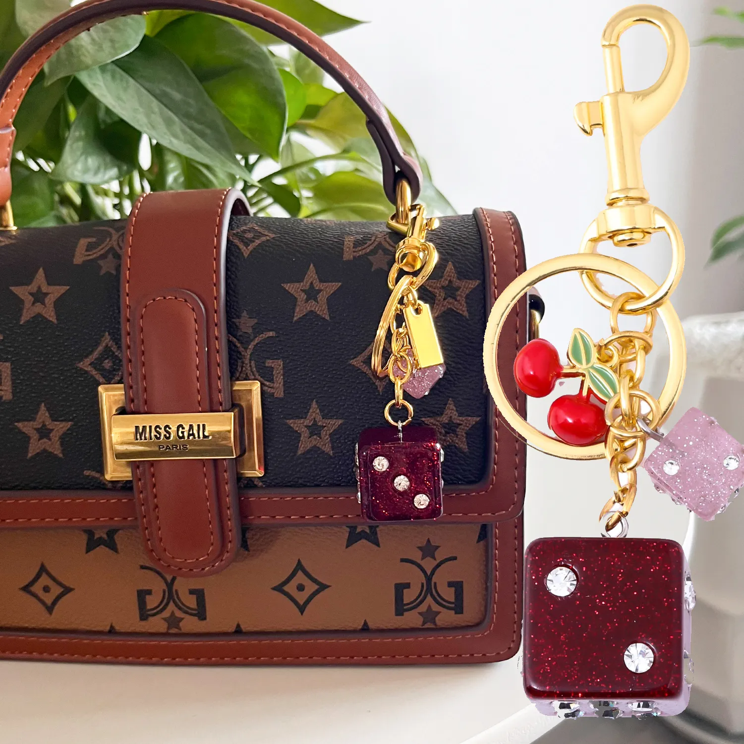 Authentic Classical Shaped Pink Crystal Dice Cherry Keychain Pendant Student Bag Gift Pendant Accessories Men's and Women's Key Chain