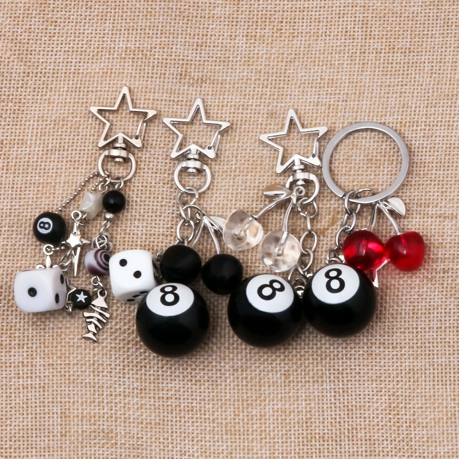 Authentic Rock-style Black Dice Billiards Keychain Y2K Pink Lucky Dice Starburst Pendant Crossbody Handbag Chain Jewelry Gift for Friends