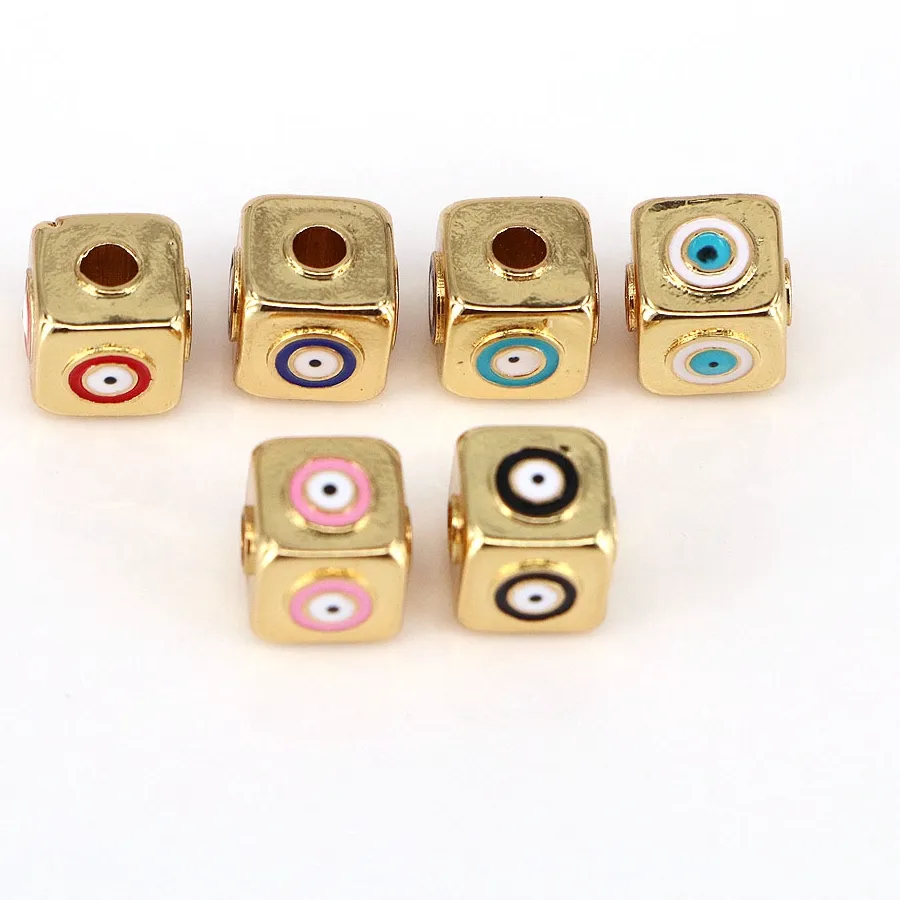 Authentic 10PCS, Gold Tiny Enamel Eye Cube Pendant Beads Dice Charms Dainty Evil Connector Beads Protection Jewelry