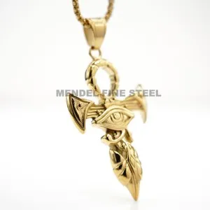 Authentic MENDEL Mens Gold Plated Egyptian Ankh Hip Hop Cross Eye Horus Pendant Necklace