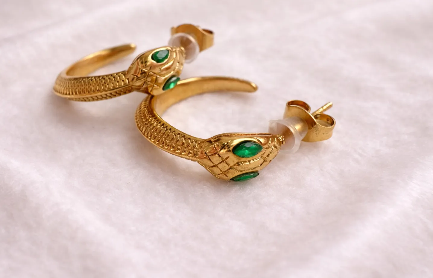 Authentic 18K Gold Plated Snake Stud Earrings Green CZ Serpent