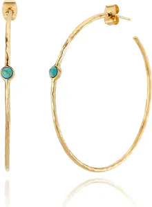Authentic 14K Gold-Plated Dainty Hoop Earrings with Simulated Blue Turquoise - Lightweight
